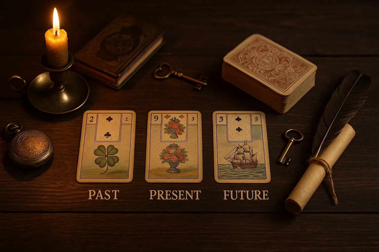 Pasado, presente y futuro con Lenormand: cómo interpretar una lectura completa